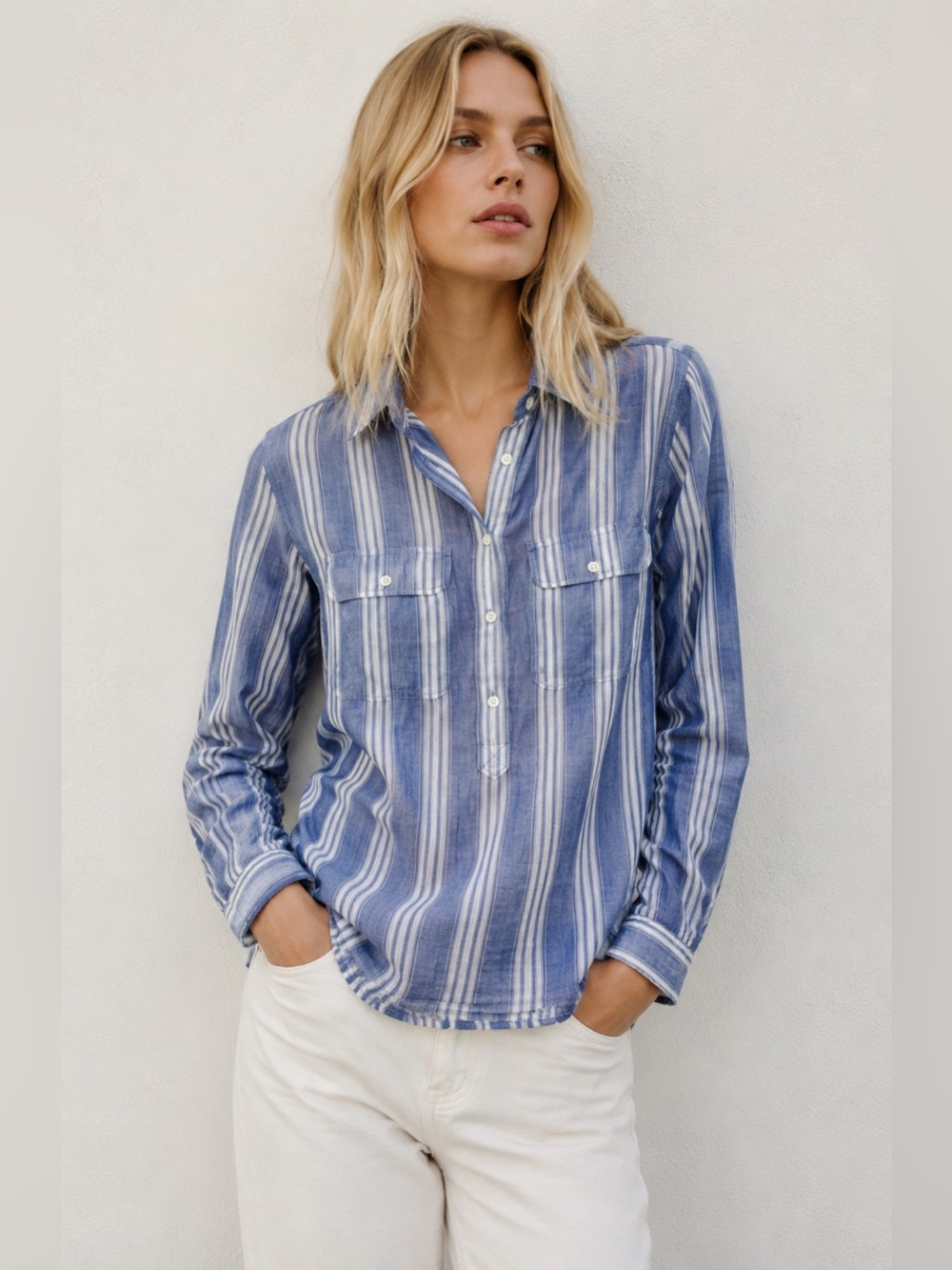 Madewell Blue &‎ White Stripe Popover Button Down